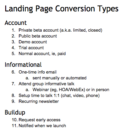 davidfrahm's tweet photo. Lots of talk in #LeanStartup about landing pages and conversion, but seem to neglect strategy so here's my list http://t.co/qfPWAS5vSJ