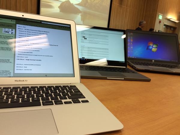 Three laptops with accessibility built-in, which would you choose? Apple, ChromeBox, Windows 8. #NFBTTT14