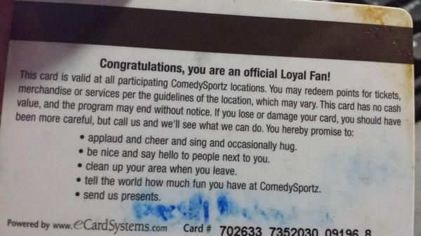 The back of the card has a few jokes for people who actually read it. #LoyalFan #CSz30