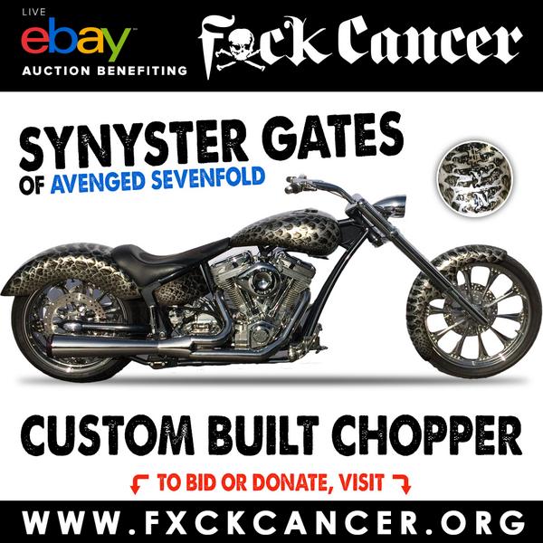 Own Synyster Gates of A7X’s custom chopper! Proceeds go to <a href="/FxCKCANCER/">Fuck Cancer</a> Please visit fxckcancer.org to bid.