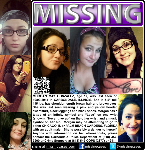 MissingCases's tweet photo. RT #missing #MorganGonzalez #CARBONDALE #ILLINOIS #CHICAGO #ChTown #IL #PBG #FLORIDA #FL https://t.co/lfsO1kyNpy http://t.co/XR3e6Rh0Ux