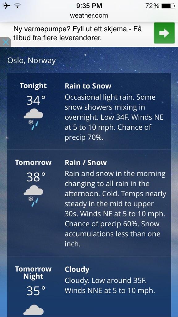 igottheMenchies's tweet photo. kom igjen Norge! high of 38 degrees & a chance of rain/snow tomorrow 😩🙊❄️ @gloriapancake #neineinei http://t.co/86WqTCrUQ0