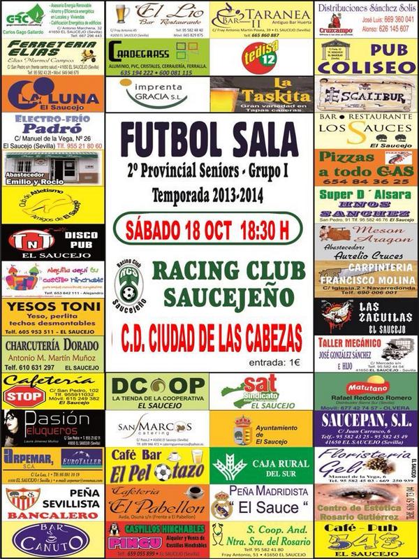 Racing Saucejeño (@racingsaucejeno) on Twitter photo Éste sábado jugamos en casa a las 18:30!!! No faltes!!!! <a href="/RacingSaucejeno/">Racing Saucejeño</a> - <a href="/cabecensefutsal/">BEIMAN-LAS CABEZAS</a> <a href="/FutsalSevilla/">FutsalSevilla</a> Éste sábado jugamos en casa a las 18:30!!! No faltes!!!! <a href="/RacingSaucejeno/">Racing Saucejeño</a> - <a href="/cabecensefutsal/">BEIMAN-LAS CABEZAS</a> <a href="/FutsalSevilla/">FutsalSevilla</a>