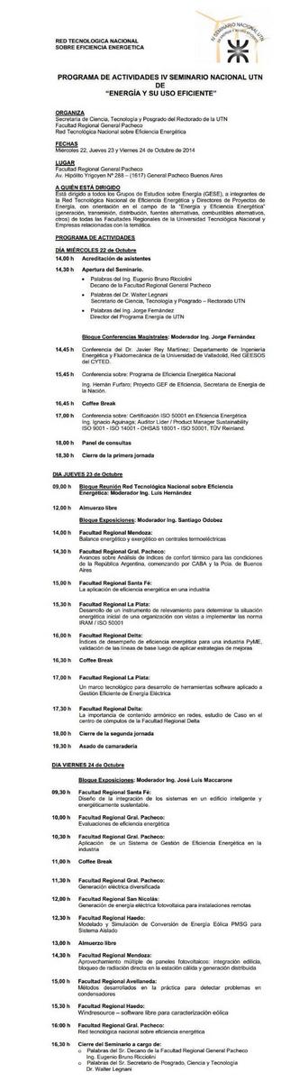 PROGRAMA DE ACTIVIDADES IV SEMINARIO NACIONAL UTN DE "ENERGÍA Y SU USO EFICIENTE"   copimerainternacional.org/inicio/