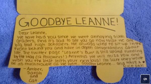 sarahdavs1's tweet image. Leanne the bus driver is leaving us so we made a card. @nickcourtois say goodbye.