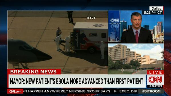CNNSitRoom's tweet image. JUST IN: Dallas Mayor tells us new patient's Ebola is more advanced than 1st patient's case CNN.it/GO