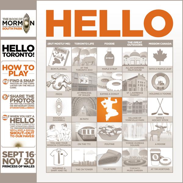 BookofMormon's tweet photo. Toronto! Are you playing #TorontoHelloBingo!? You could win 2 tickets to the show. FOR REAL! http://t.co/MnCbNVzM5i http://t.co/PGCbnCgTHT