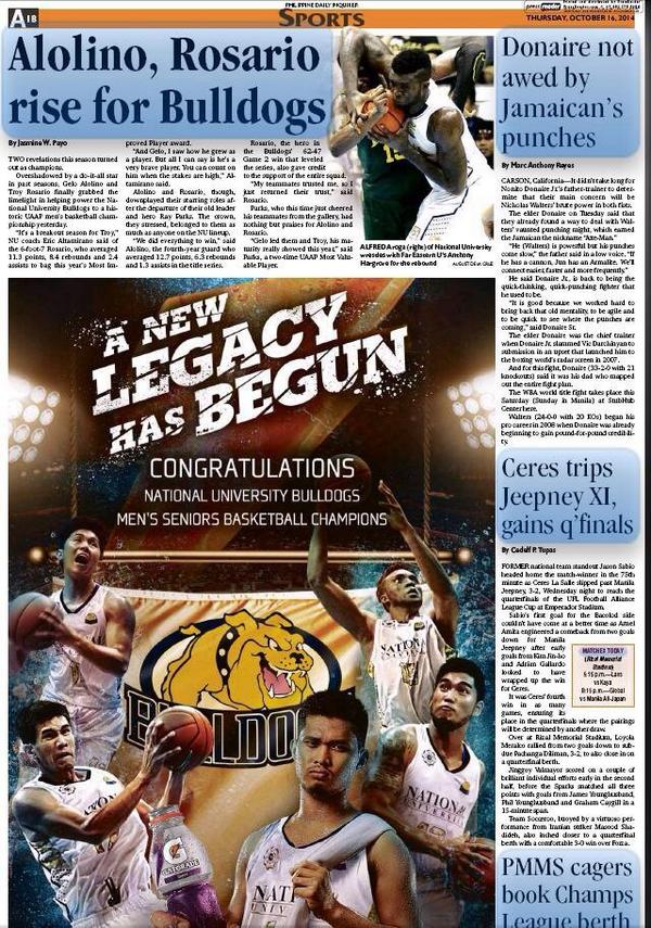 nu_supporters's tweet photo. Grab a copy of todays @inquirerdotnet. Digital edition is also available. #NULetsGo #MightyHeart #Champions #UAAP77 http://t.co/r0jRHKfH2v