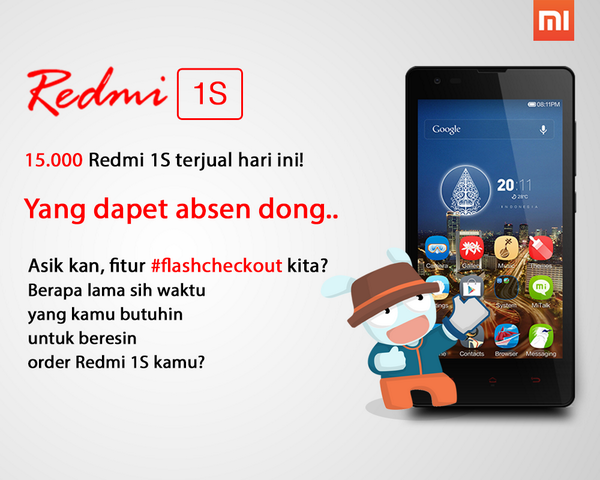 XiaomiIndonesia's tweet photo. 15000 #Redmi1S terjual pada Flash Sale hari ini. Gimana? Asik kan #flashcheckout nya! http://t.co/gOQYgB9Crj