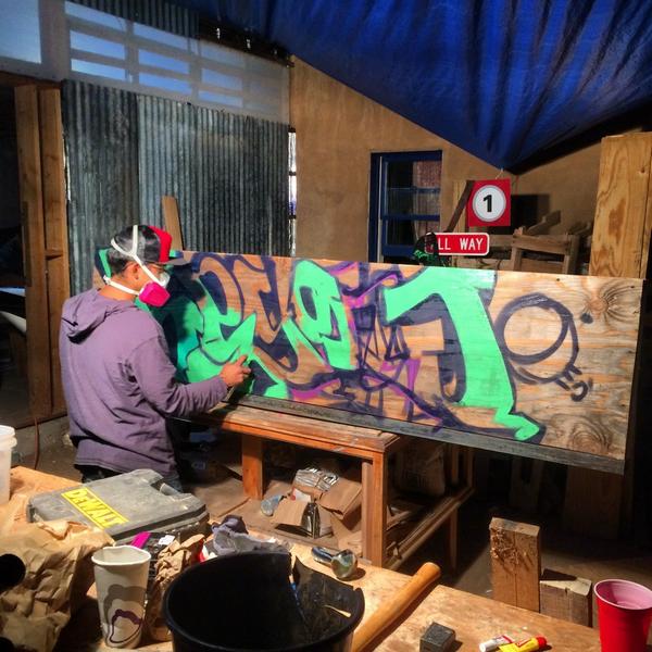 James_Stodgel's tweet photo. @kauser_soze getting it at the OGDHeadquarters painting a reclaimed handmade skate feature for our #sk8jam   #OGD http://t.co/PyOfsgRnCm