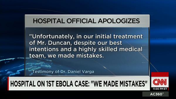 AC360's tweet image. #Texas hospital releases statement apologizing for missed #Ebola diagnosis of #ThomasDuncan. Latest on #AC360
