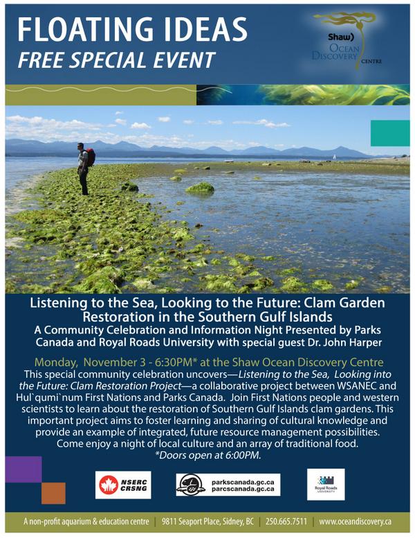 Another fun upcoming clam garden event in #yyj! Thank you @GulfIslandsNPR, @RoyalRoads, @NSERC_CRSNG, @OceanDiscovery