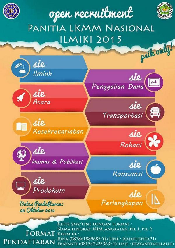 Open recrutment panitia LKMM NASIONAL ILMIKI. Untuk PSIK angkatan 2012, 2013, dan 2014. Buruan daftar.