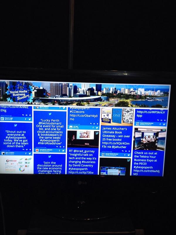 SMBusinessBoost's tweet photo. Our social media wall live from @yourbizexpo @RaeleneBrindley @daveudy5 #ybexpoperth http://t.co/yntDJ94dVZ