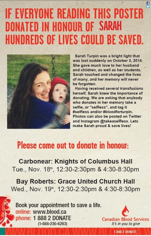 NLSchoolsCA's tweet image. Supporting @CarbonearAcad's school community- encouraging everyone to give blood in Sarah's memory. #selfless