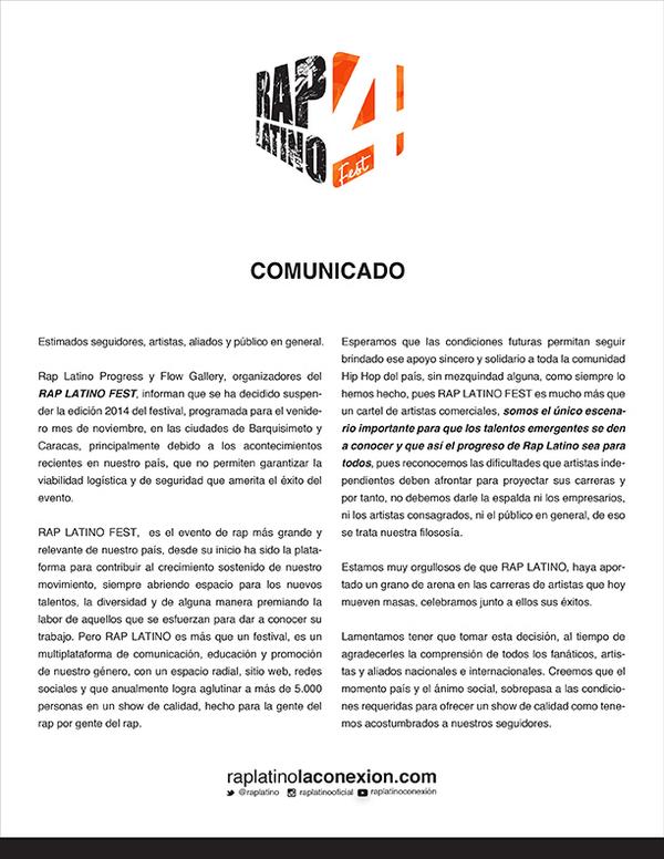 Suspendida la edición 2014 del festival Rap Latino Fest. Aquí el comunicado #RLF4