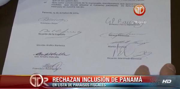 TReporta's tweet photo. 9 expresidentes firman documento en donde rechazan inclusión de Panamá en lista de paraísos fiscales. http://t.co/UpxU42bPZy