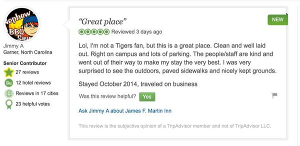 ClemsonHotel's tweet photo. Another great review!  Thanks Jimmy!  Stay Where the Tigers Stay - #MartinInn http://t.co/5EBqbFy6vv