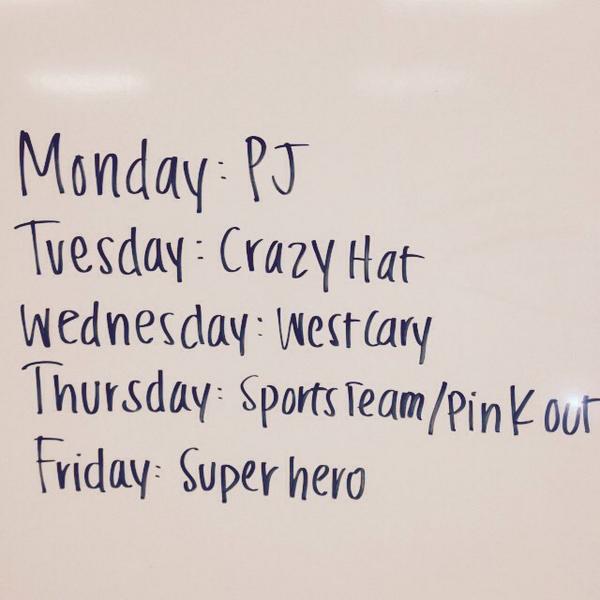 WcmsYearbook's tweet photo. SPIRIT WEEK IS NEXT WEEK DON'T FORGET! here are the themes for next week! http://t.co/P5loGOD2Ff