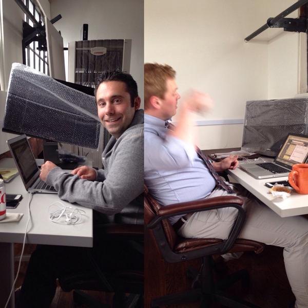 cabedge's tweet photo. we got some new toys in at work today. and by toys I mean bubble wrap... but also new monitors http://t.co/8T33gBUEkK