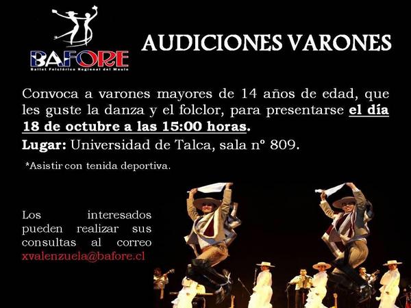 TVNRedMaule_'s tweet photo. ¡Atención! @BAFORE_MAULE realizará audiciones  para varones mayores de 14 años el próximo 18 de octubre en Talca. http://t.co/nvWHEN2Odg