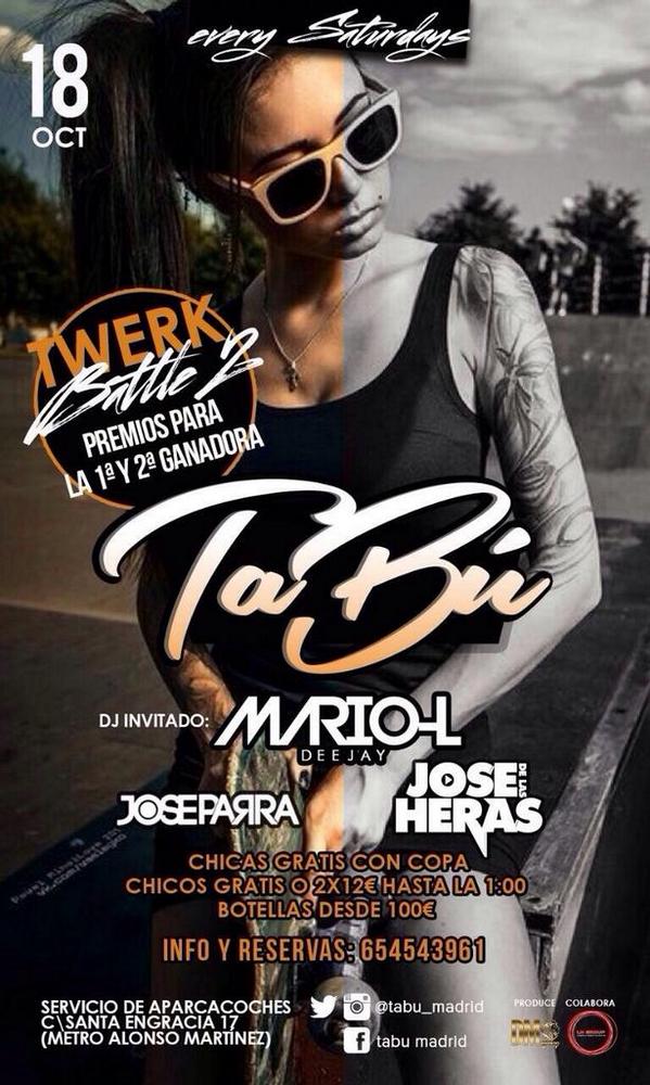 MariooLS's tweet photo. Planes para este finde? TABU fiesta TWERK! Apuntate! @TabuRRPP @Dayron_Arias @tabu_madrid http://t.co/uqhwwG0Z96