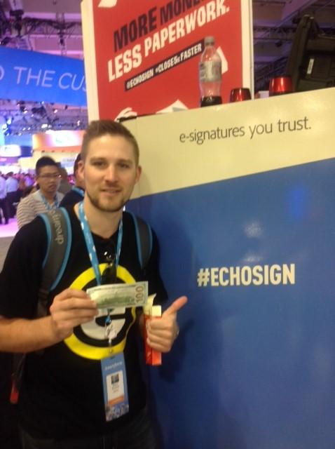 AdobeDocCloud's tweet photo. Congrats @bam_15_ ! You picking up the tab tonight with that $100 you just won? #EchoSign #Close5XFaster N1935 http://t.co/mS6EKpGRU5
