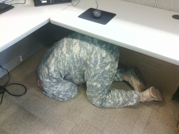 TheCalGuard's tweet photo. #theCaGuard participated in #ShakeOut2014 this morning. We all got under our desks and then evacuated the building. http://t.co/wmSFmS1jXO