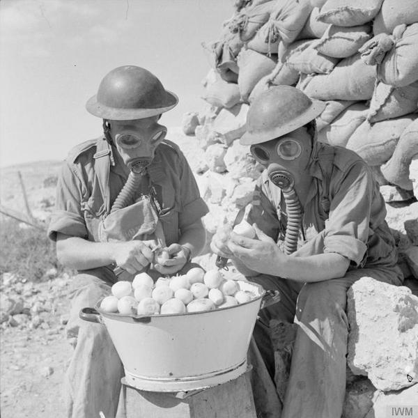 Soldiers wearing gas masks while peeling onions at Tobruk, October, 1941
