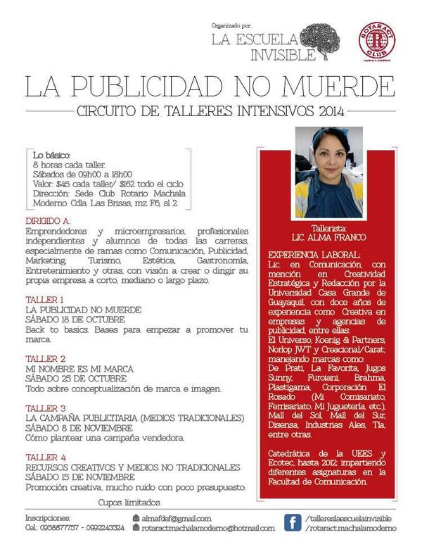 Capacitateec's tweet image. Circuito de #Talleres Intensivos con Alma Franco @AlmaQuimista Organiza: @Laescuelainvi 18/Oct #Machala