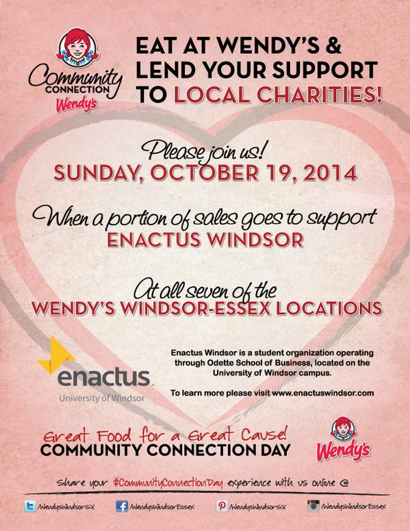 WendysWindsorSX's tweet photo. Eat at any of our 7 #Windsor-Essex locations this Sunday & help support @EnactusWindsor! #CommunityConnectionDay http://t.co/ISNbArvx9o
