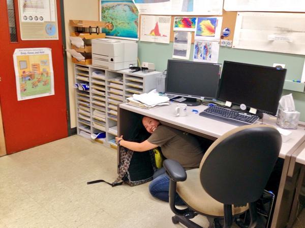 PNSN1's tweet photo. This is what the @ShakeOut drill looks like at the PNSN! @waShakeOut #ShakeOut #ShakeOut2014 #DropCoverHoldOn http://t.co/FTfNB56vTV