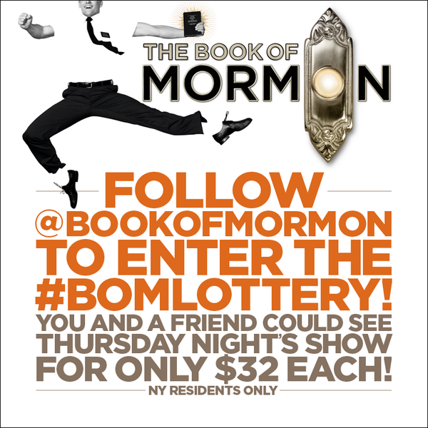 BookofMormon's tweet photo. RT &amp; follow to enter the Broadway #BOMLottery for THURS 10/23! Don't miss out on $32 tix! 18+ NY residents only http://t.co/1UOQq5KMd9