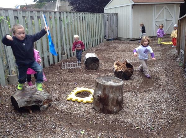 The Voyager's mulch maze focuses on gross motor skills, creativity, and problem solving. They are all having a blast!