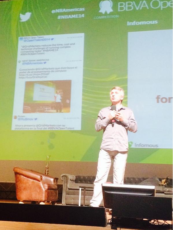 ScarlettSieber's tweet photo. .@icopaolo pitching #BBVAOpenTalent on the impact of @InfomousClouds on the media industry #disruption #NBAME14 http://t.co/YXP2BcAaIh