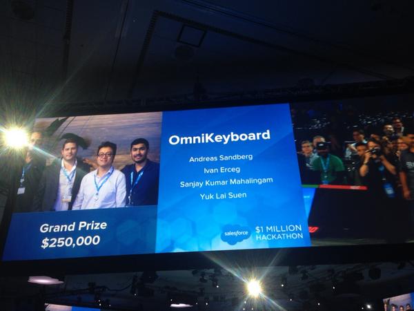 OhMyJet's tweet photo. #DF14 RT @kavindrapatel: Congrats to #OmniKeyboard for winning $250,000 grand prize at the Salesforce #df14hack http://t.co/5P18FvK0An