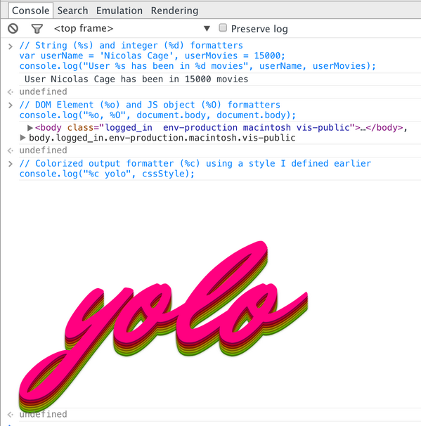 addyosmani's tweet photo. DevTools Console formatting tips: format strings (%s), integers (%d), elements (%o), objects (%O) &amp; CSS styles (%c) http://t.co/0fpX8YFGAp