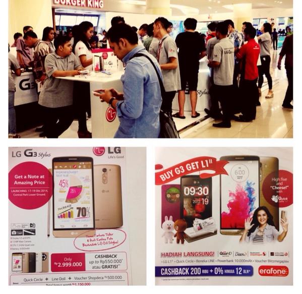 equatoreventid's tweet photo. LG G3 stylus launching. Rp.2,999,000, cashback Rp.550,000. 
17-19 October 2014 at Central  ... http://t.co/5izibFrIXm http://t.co/Q2Bu5mQzwU