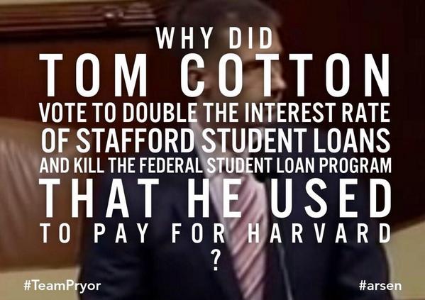 ezra_smith's tweet photo. I want to know why @TomCottonAR thinks AR students don't deserve the same chance he got. #arpx #TeamPryor http://t.co/4wyc7fOiRQ