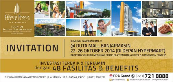 Kunjungi Pameran Kami !!
Tgl 22-26 Okt 2014 <a href="/dutamall_bjm/">Duta Mall</a>
dapatkan Voucher menginap GRATIS di Aston Banua Hotel BJM