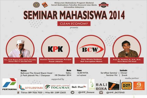 Seminar mahasiswa 2014 "clean economy"
Cc : <a href="/BEM_Udayana/">BEM UDAYANA</a> <a href="/dagribempmunud/">Kemendagri BEMPMUNUD</a> <a href="/DPM_UDAYANA/">DPM PM UDAYANA</a> <a href="/UdayanaUniv/">Universitas Udayana</a>