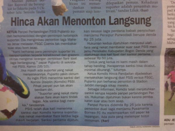 YogaSW_'s tweet photo. Waaiikkii! "@psis_semarang: Berita koran : Hinca akan nonton PSIS vs PSGC http://t.co/E4WAPpg9S9"