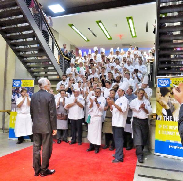 foodpr0n's tweet photo. The chefs applaud Alain Ducasse before he heads out for the night @GBCollege #DucasseAtGBC http://t.co/EgMxA8mEZ0