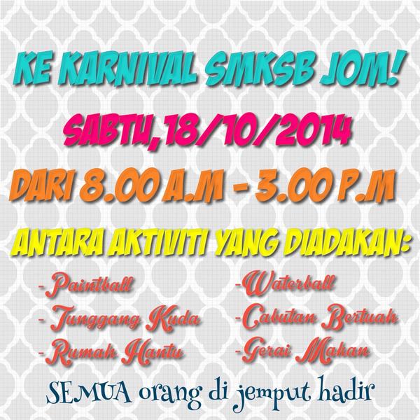 SMKSBofficial's tweet photo. Mari kita meriahkan acara tahunan sekolah dengan hadirkan diri pada esok Sabtu, 18/10/2014 di SMK Selayang Bharu 😊🎉🎊🎶 http://t.co/5zSyNJKeCL