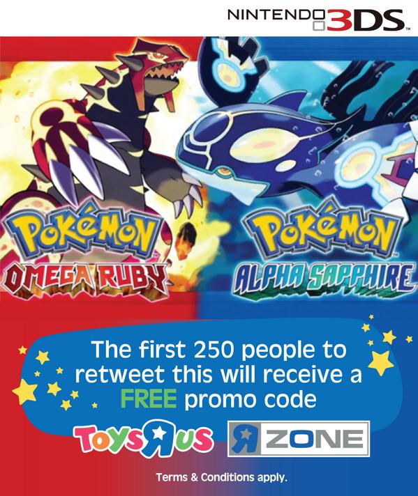 ToysRUs_ZA's tweet photo. Get your promo code for the special demo of @Pokemon #OmegaRuby &amp; #AlphaSapphire for #Nintendo3DS now! #LetsPlay http://t.co/WFtW7v63eE
