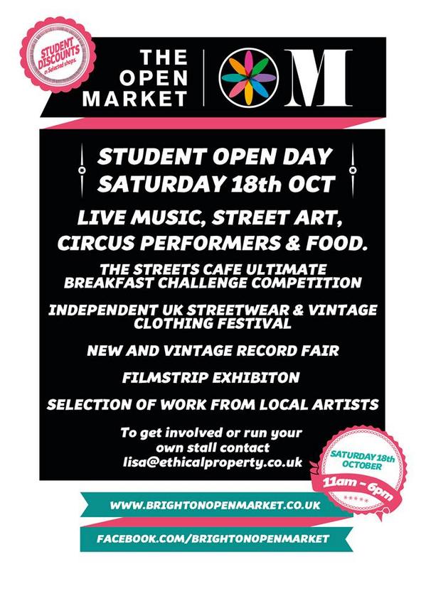 BrightonOpenMkt's tweet photo. Student Open Day at the market tomorrow.  Our amazing Saturday traders will be joined by DJs, bands, and more! http://t.co/ciUcT006hn