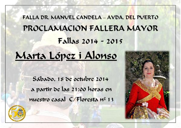 Falla_Floresta's tweet photo. El 18/10 celebraremos la Proclamación de nuestra Fallera Mayor, Señorita Marta López Alonso #fallas2015 #50Aniversari http://t.co/4M9uCXKxL8