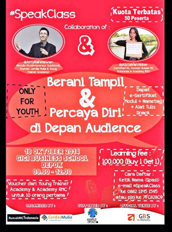 ArryRahmawan's tweet photo. Bagi yang besok masih bingung mau ngapain, yuk ikutan #SpeakClass di GICI Business School, Depok! :) http://t.co/3aJXopCX26