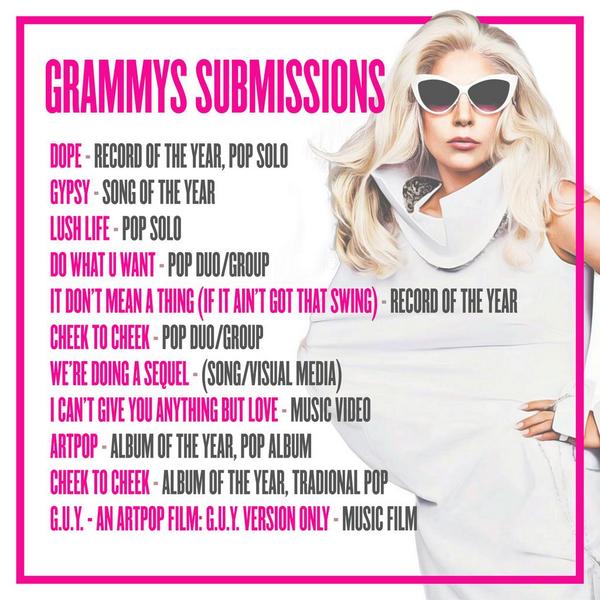 romansillusion's tweet photo. Lady Gaga's submissions for the GRAMMY Awards 2015: http://t.co/m1hzjn3n9t