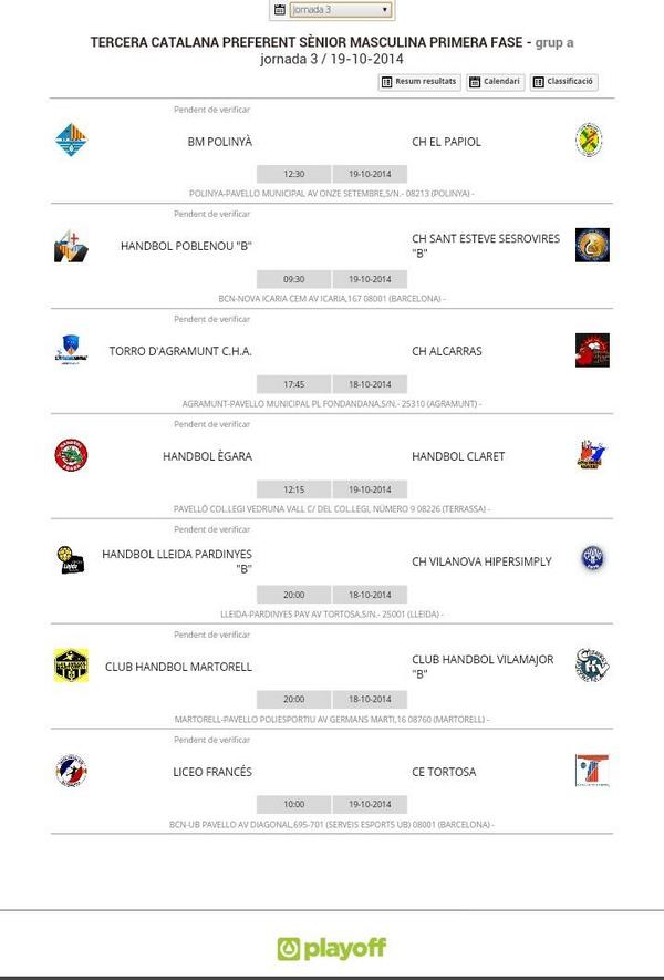 CHelPapiol's tweet photo. Aquests són els horaris de la tercera jornada de 3a Preferent: @CatHandbol @Handbol100x100 #handbolCatalà http://t.co/sc6WkRNHpw